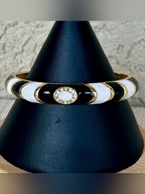 Modern Gold-Tone Black & White Enamel Bangle Bracelet with Crystal Accent